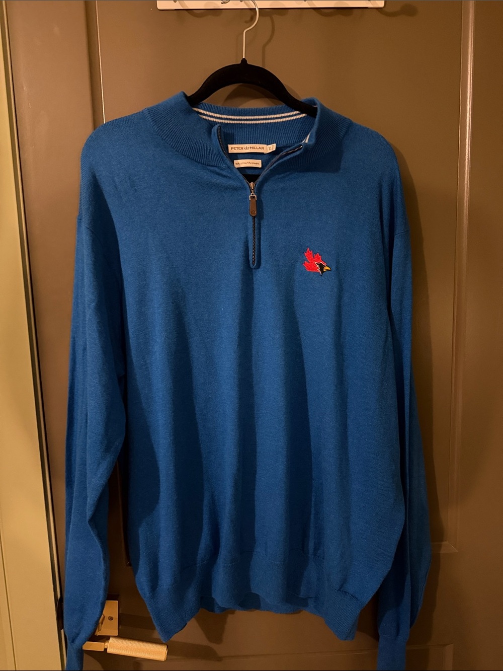 Peter Millar Blue Quarter-Zip Sweater with Red Cardinal Logo cotton/cashmere